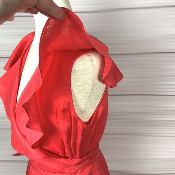 Neiman Marcus Coral Ruffle V-Neck Sleeveless 100% Linen Wrap Dress size S - Picture 7 of 13